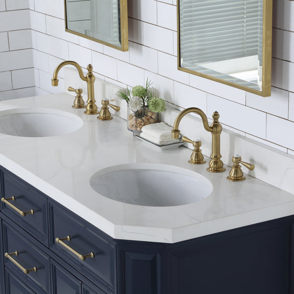 Water Creation Palace 60" Inch Double Sink White Quartz Countertop Vanity in Monarch Blue with Hook Faucets - Luxe Bathroom Vanities