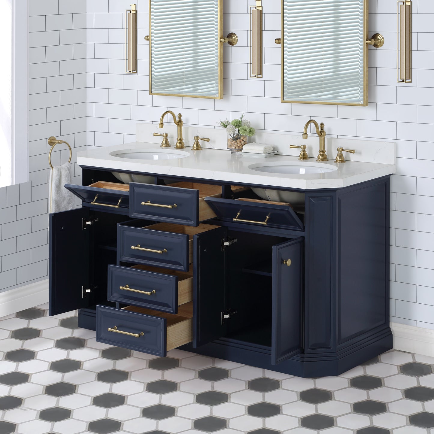 Water Creation Palace 60" Inch Double Sink White Quartz Countertop Vanity in Monarch Blue with Hook Faucets - Luxe Bathroom Vanities