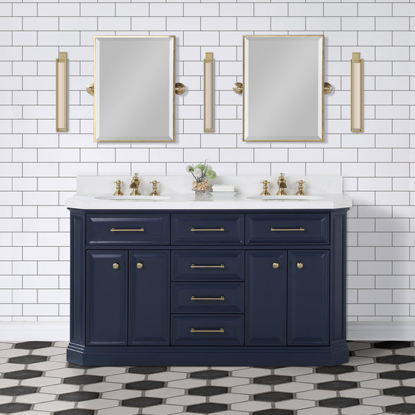 Water Creation Palace 60" Inch Double Sink White Quartz Countertop Vanity in Monarch Blue with Waterfall Faucets and Mirrors - Luxe Bathroom Vanities