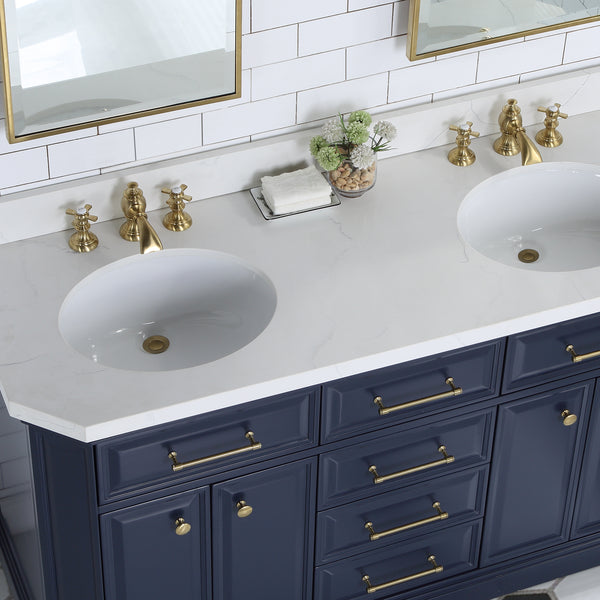 Water Creation Palace 60" Inch Double Sink White Quartz Countertop Vanity in Monarch Blue with Waterfall Faucets and Mirrors - Luxe Bathroom Vanities