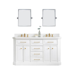 Water Creation Palace 60" Quartz Carrara Bathroom Vanity Set with Hardware and Faucets in Satin Gold Finish And Only Mirrors in Chrome Finish - Luxe Bathroom Vanities