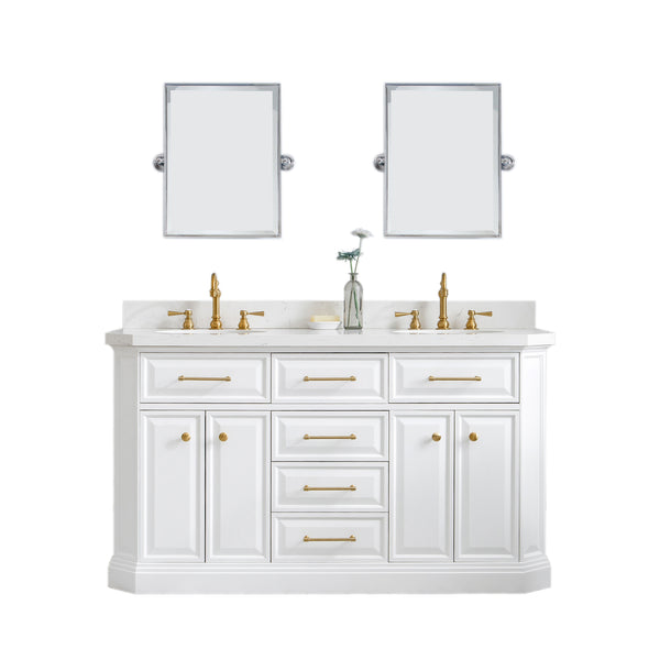 Water Creation Palace 60 Quartz Carrara Bathroom Vanity Set With Hardware  And Faucets in Satin Gold Finish And Mirrors in Chrome Finish
