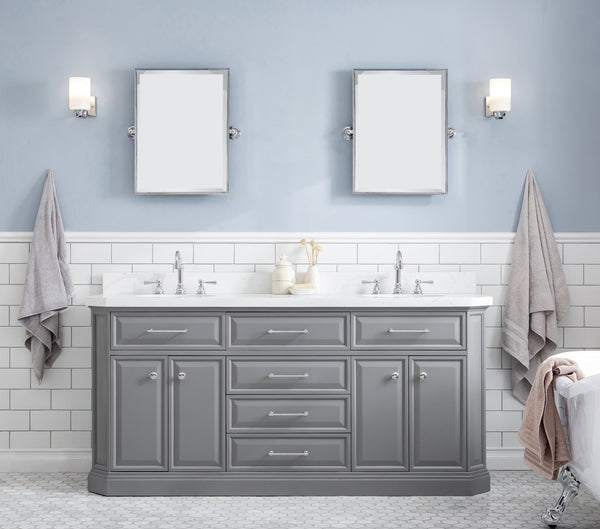 Water Creation Palace 72" Quartz Carrara Bathroom Vanity Set With Hardware And Faucets in Chrome Finish - Luxe Bathroom Vanities