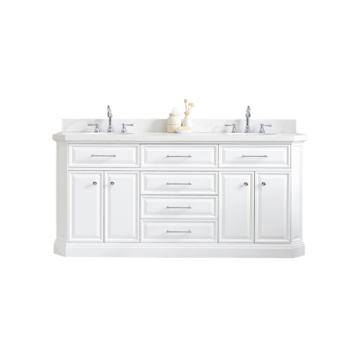 Water Creation Palace 72" Quartz Carrara Bathroom Vanity Set With Hardware And Faucets in Chrome Finish - Luxe Bathroom Vanities