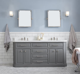 Water Creation Palace 72" Quartz Carrara Cashmere Grey Bathroom Vanity Set with Hardware and Faucets and Mirror in Polished Nickel (PVD) Finish - Luxe Bathroom Vanities