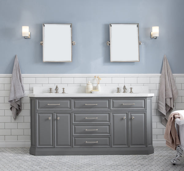 Water Creation Palace 72" Quartz Carrara Cashmere Grey Bathroom Vanity Set with Hardware and Faucets and Mirror in Polished Nickel (PVD) Finish - Luxe Bathroom Vanities