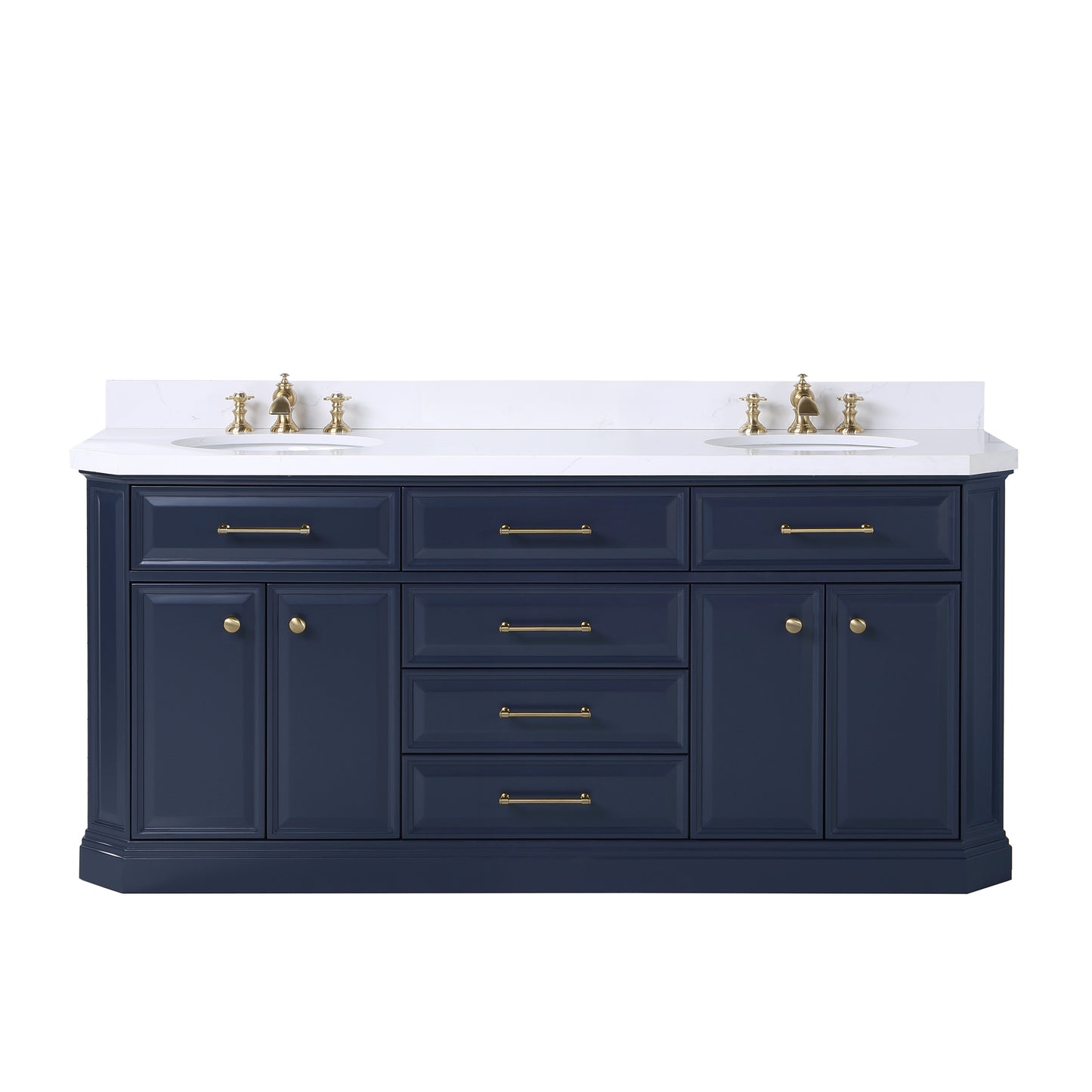 Water Creation Palace 72" Inch Double Sink White Quartz Countertop Vanity in Monarch Blue with Waterfall Faucets - Luxe Bathroom Vanities