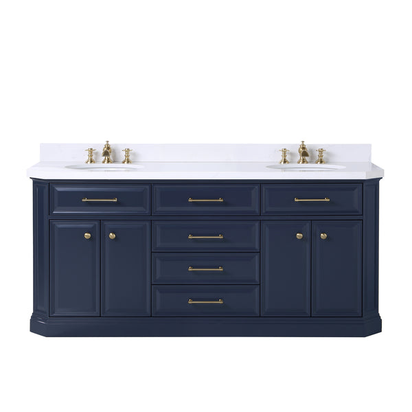 Water Creation Palace 72" Inch Double Sink White Quartz Countertop Vanity in Monarch Blue with Waterfall Faucets - Luxe Bathroom Vanities