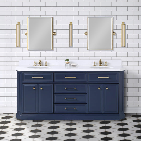 Water Creation Palace 72" Inch Double Sink White Quartz Countertop Vanity in Monarch Blue with Waterfall Faucets - Luxe Bathroom Vanities