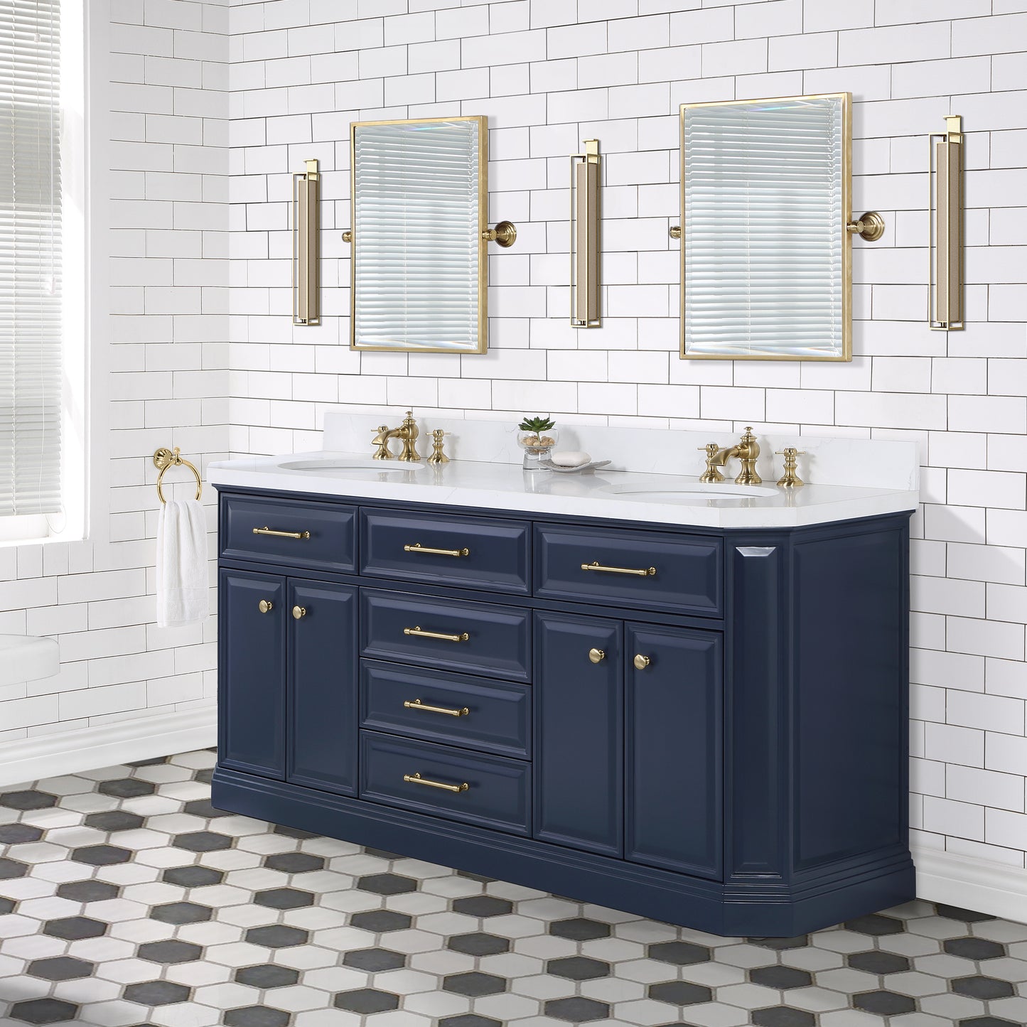 Water Creation Palace 72" Inch Double Sink White Quartz Countertop Vanity in Monarch Blue with Waterfall Faucets - Luxe Bathroom Vanities