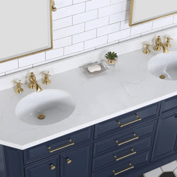 Water Creation Palace 72" Inch Double Sink White Quartz Countertop Vanity in Monarch Blue with Waterfall Faucets - Luxe Bathroom Vanities