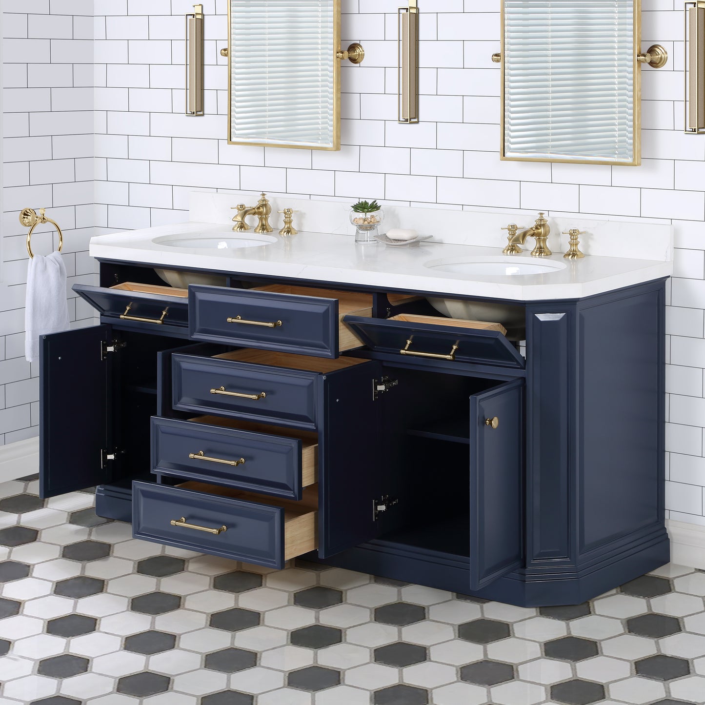 Water Creation Palace 72" Inch Double Sink White Quartz Countertop Vanity in Monarch Blue with Waterfall Faucets - Luxe Bathroom Vanities