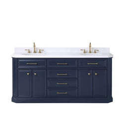 Water Creation Palace 72" Inch Double Sink White Quartz Countertop Vanity in Monarch Blue with Hook Faucets - Luxe Bathroom Vanities