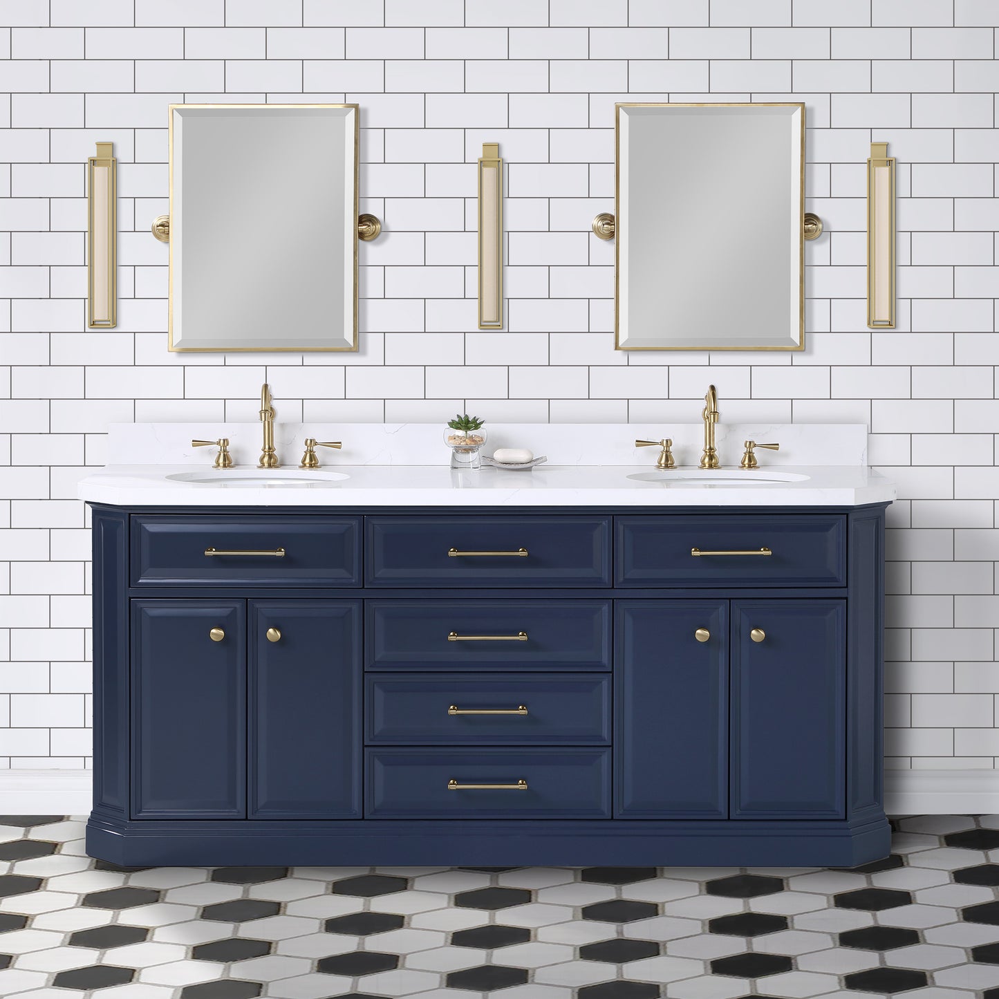 Water Creation Palace 72" Inch Double Sink White Quartz Countertop Vanity in Monarch Blue with Hook Faucets - Luxe Bathroom Vanities