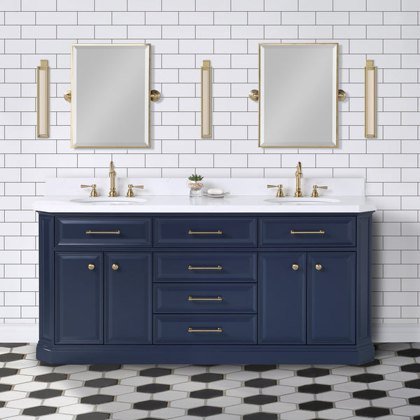 Water Creation Palace 72" Inch Double Sink White Quartz Countertop Vanity in Monarch Blue with Waterfall Faucets - Luxe Bathroom Vanities