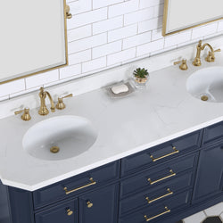 Water Creation Palace 72" Inch Double Sink White Quartz Countertop Vanity in Monarch Blue with Hook Faucets - Luxe Bathroom Vanities