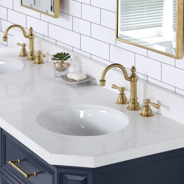 Water Creation Palace 72" Inch Double Sink White Quartz Countertop Vanity in Monarch Blue with Hook Faucets - Luxe Bathroom Vanities