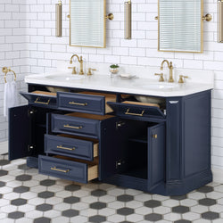 Water Creation Palace 72" Inch Double Sink White Quartz Countertop Vanity in Monarch Blue with Hook Faucets - Luxe Bathroom Vanities