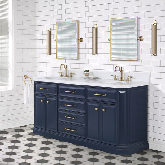 Water Creation Palace 72" Inch Double Sink White Quartz Countertop Vanity in Monarch Blue and Mirrors - Luxe Bathroom Vanities