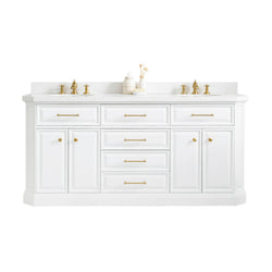 Water Creation Palace 72" Quartz Carrara Bathroom Vanity Set with Hardware and Faucets in Satin Gold Finish - Luxe Bathroom Vanities