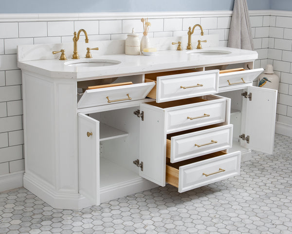 Water Creation Palace 72" Quartz Carrara Bathroom Vanity Set with Hardware and Faucets in Satin Gold Finish - Luxe Bathroom Vanities