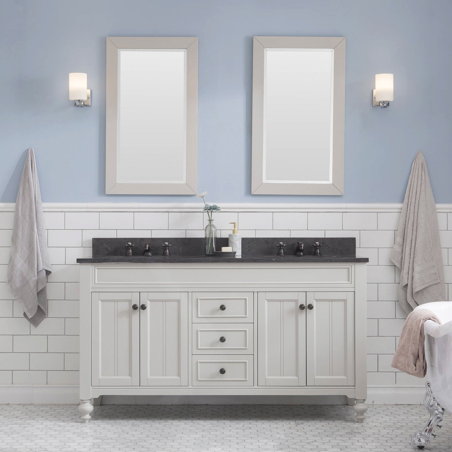 Water Creation Potenza 60" Bathroom Vanity in Earl Grey with Blue Limestone Top and Faucet - Luxe Bathroom Vanities