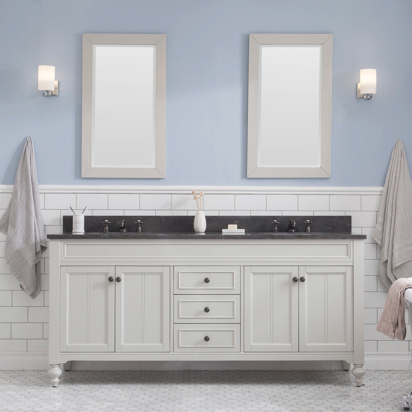 Water Creation Potenza 72" Bathroom Vanity in Earl Grey with Blue Limestone Top and Faucet - Luxe Bathroom Vanities