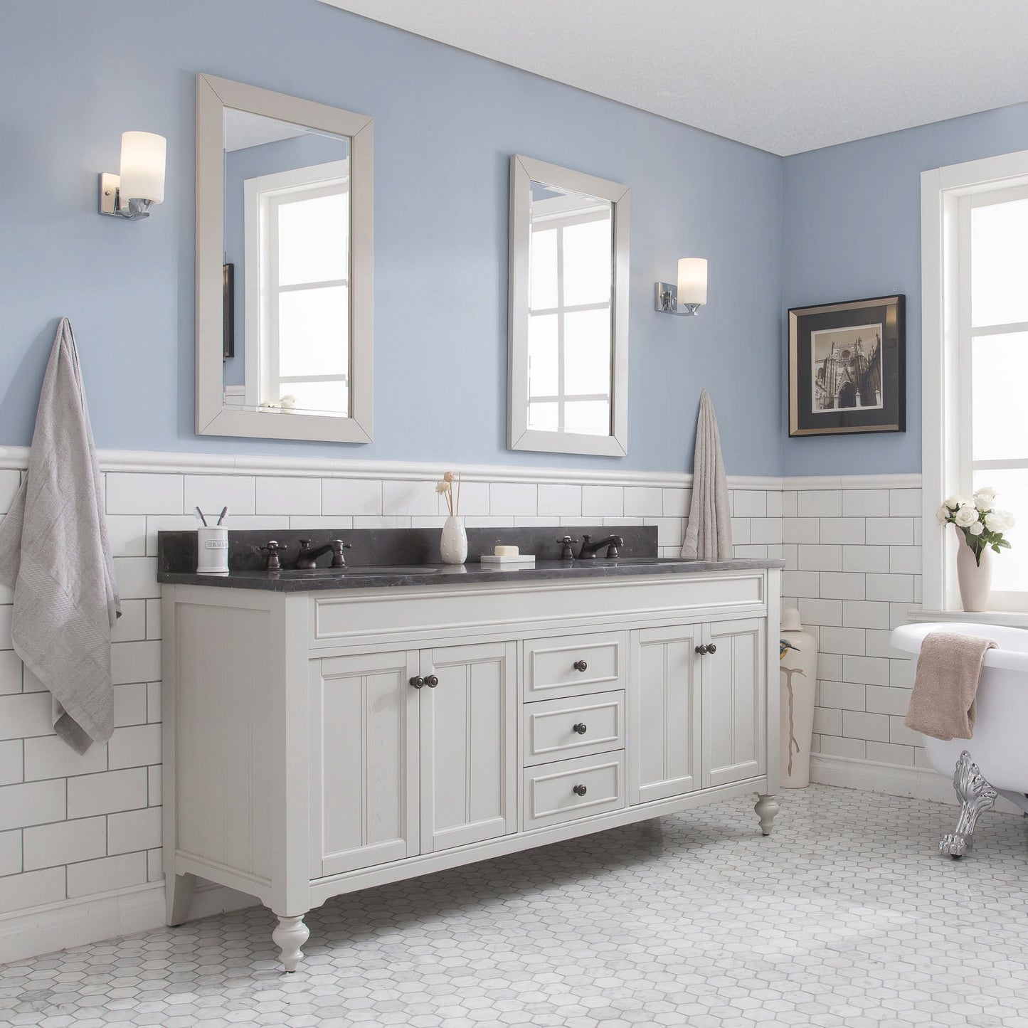 Water Creation Potenza 72" Bathroom Vanity in Earl Grey with Blue Limestone Top and Faucet - Luxe Bathroom Vanities