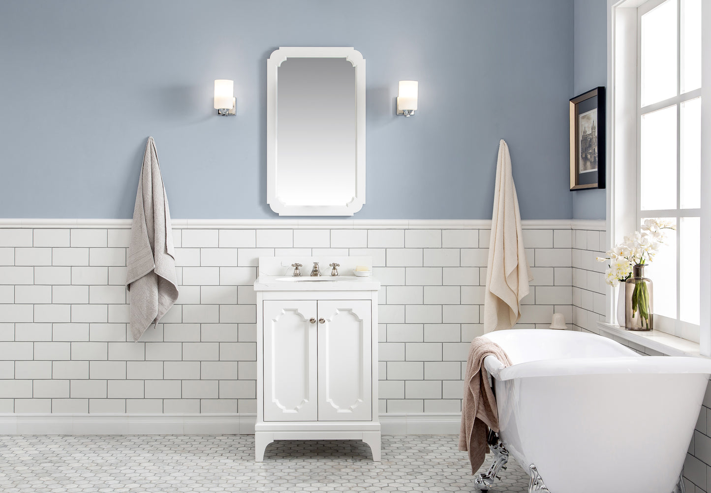 Water Creation Queen 24" Inch Single Sink Quartz Carrara Vanity with Matching Mirror - Luxe Bathroom Vanities