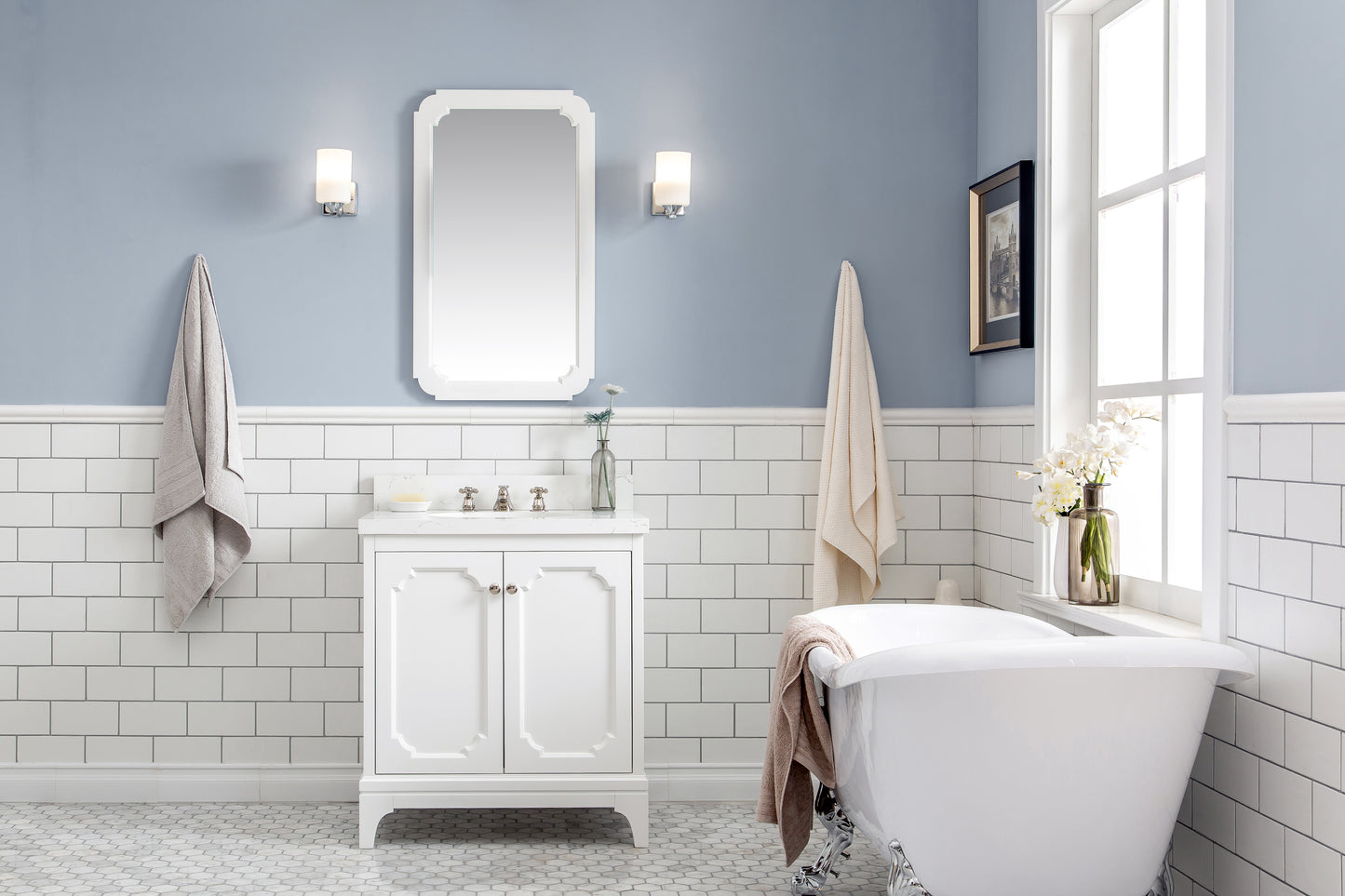 Water Creation Queen 30" Inch Single Sink Quartz Carrara Vanity with Matching Mirror - Luxe Bathroom Vanities