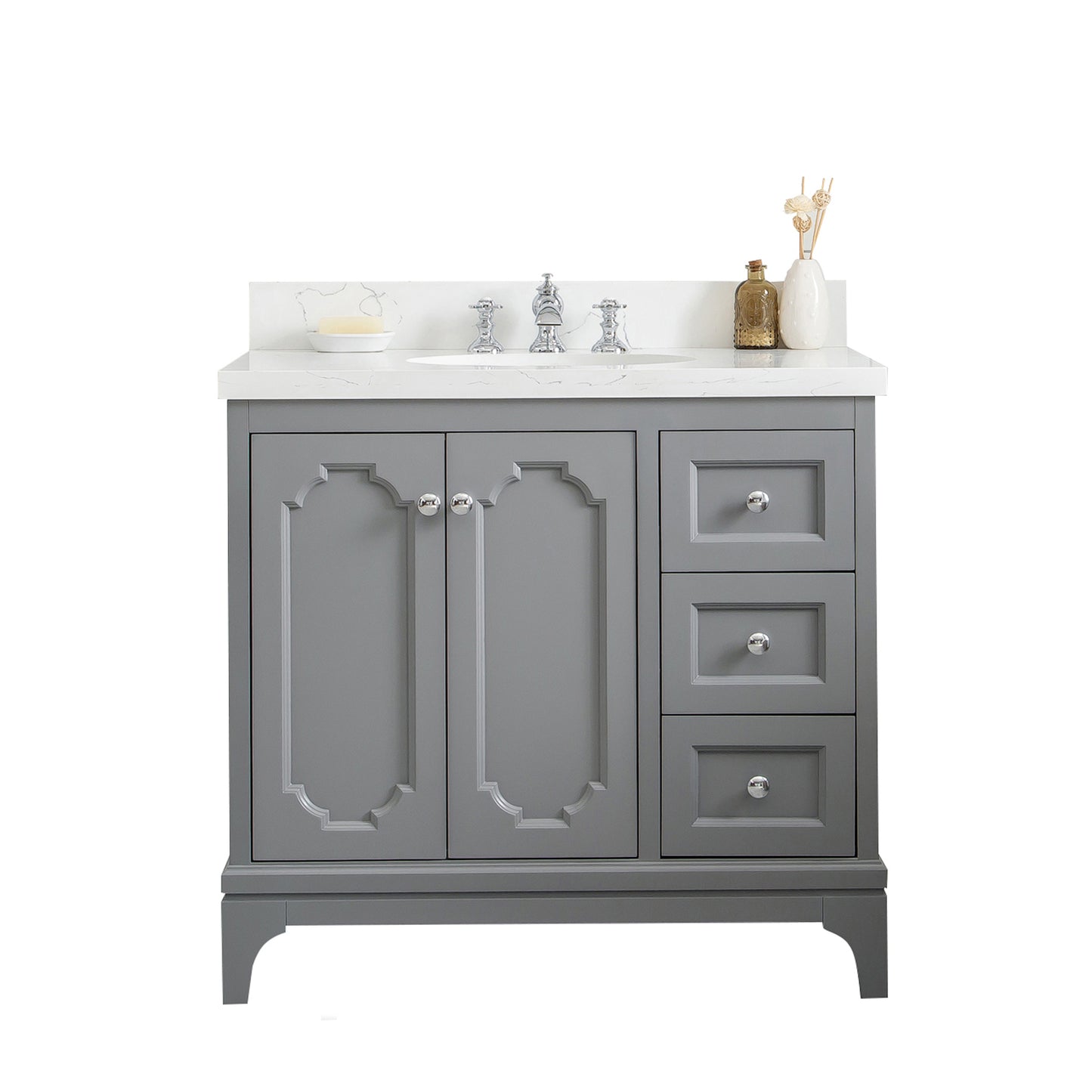 Water Creation Queen 36" Inch Single Sink Quartz Carrara Vanity with Lavatory Faucet - Luxe Bathroom Vanities