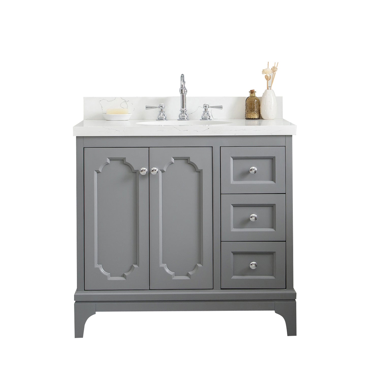 Water Creation Queen 36" Inch Single Sink Quartz Carrara Vanity with Lavatory Faucet - Luxe Bathroom Vanities