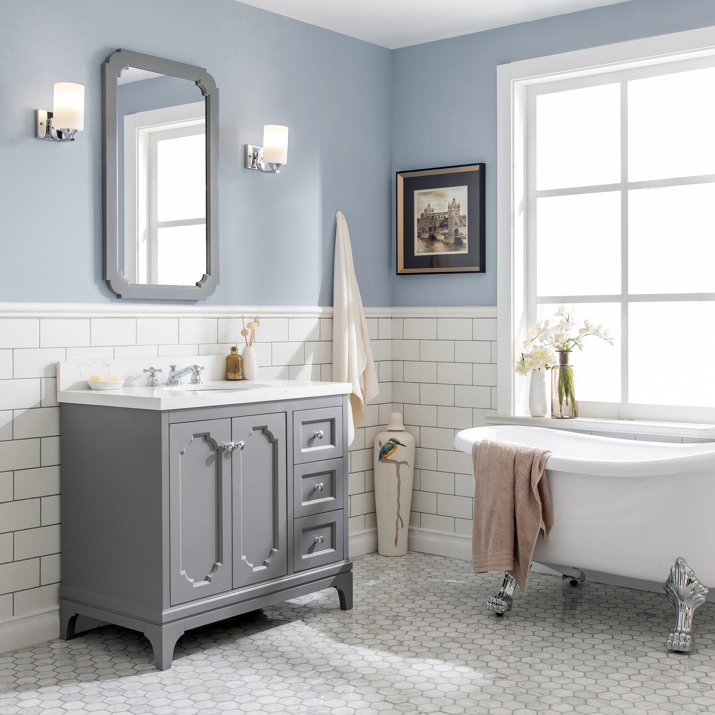 Water Creation Queen 36" Inch Single Sink Quartz Carrara Vanity with Matching Mirror and Lavatory Faucet - Luxe Bathroom Vanities