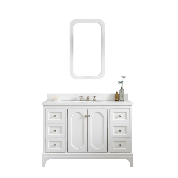 Water Creation Queen 48" Inch Single Sink Quartz Carrara Vanity with Matching Mirror and Lavatory Faucet - Luxe Bathroom Vanities