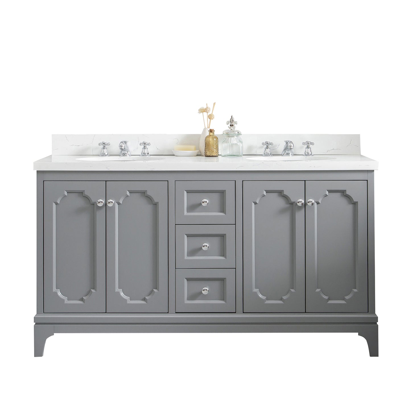 Water Creation Queen 60" Inch Double Sink Quartz Carrara Vanity with Lavatory Faucets - Luxe Bathroom Vanities