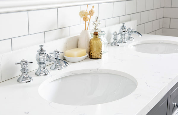 Water Creation Queen 60" Inch Double Sink Quartz Carrara Vanity with Lavatory Faucets - Luxe Bathroom Vanities