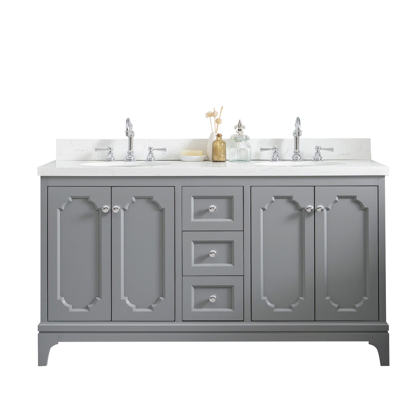 Water Creation Queen 60" Inch Double Sink Quartz Carrara Vanity with Lavatory Faucets - Luxe Bathroom Vanities