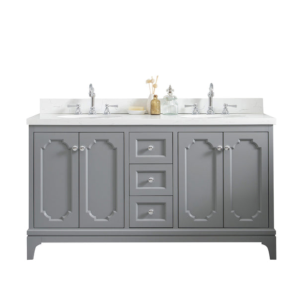 Water Creation Queen 60" Inch Double Sink Quartz Carrara Vanity with Lavatory Faucets - Luxe Bathroom Vanities