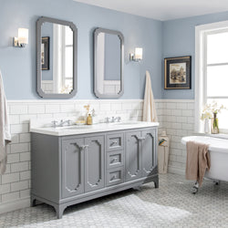 Water Creation Queen 60" Inch Double Sink Quartz Carrara Vanity with Matching Mirror and Lavatory Faucets - Luxe Bathroom Vanities