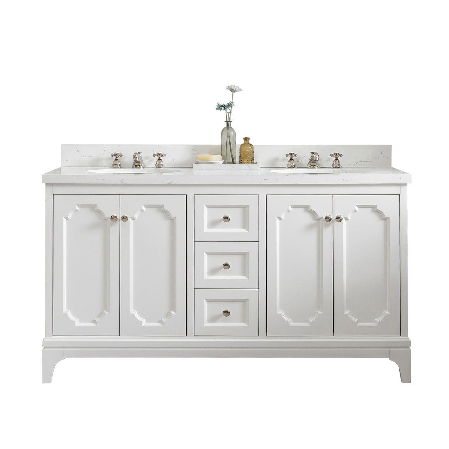 Water Creation Queen 60" Inch Double Sink Quartz Carrara Vanity with Lavatory Faucets - Luxe Bathroom Vanities