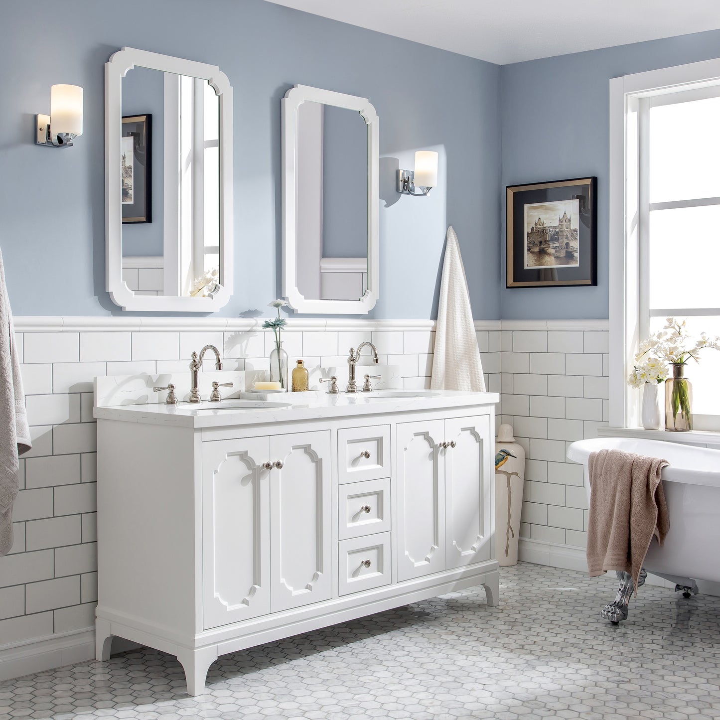 Water Creation Queen 60" Inch Double Sink Quartz Carrara Vanity with Matching Mirror and Lavatory Faucets - Luxe Bathroom Vanities