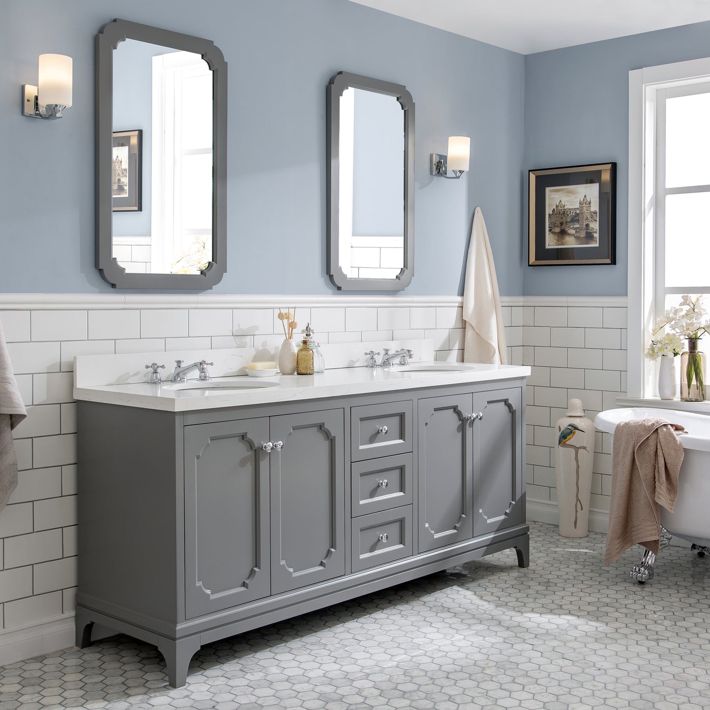 Water Creation Queen 72" Inch Double Sink Quartz Carrara Vanity with Matching Mirror - Luxe Bathroom Vanities