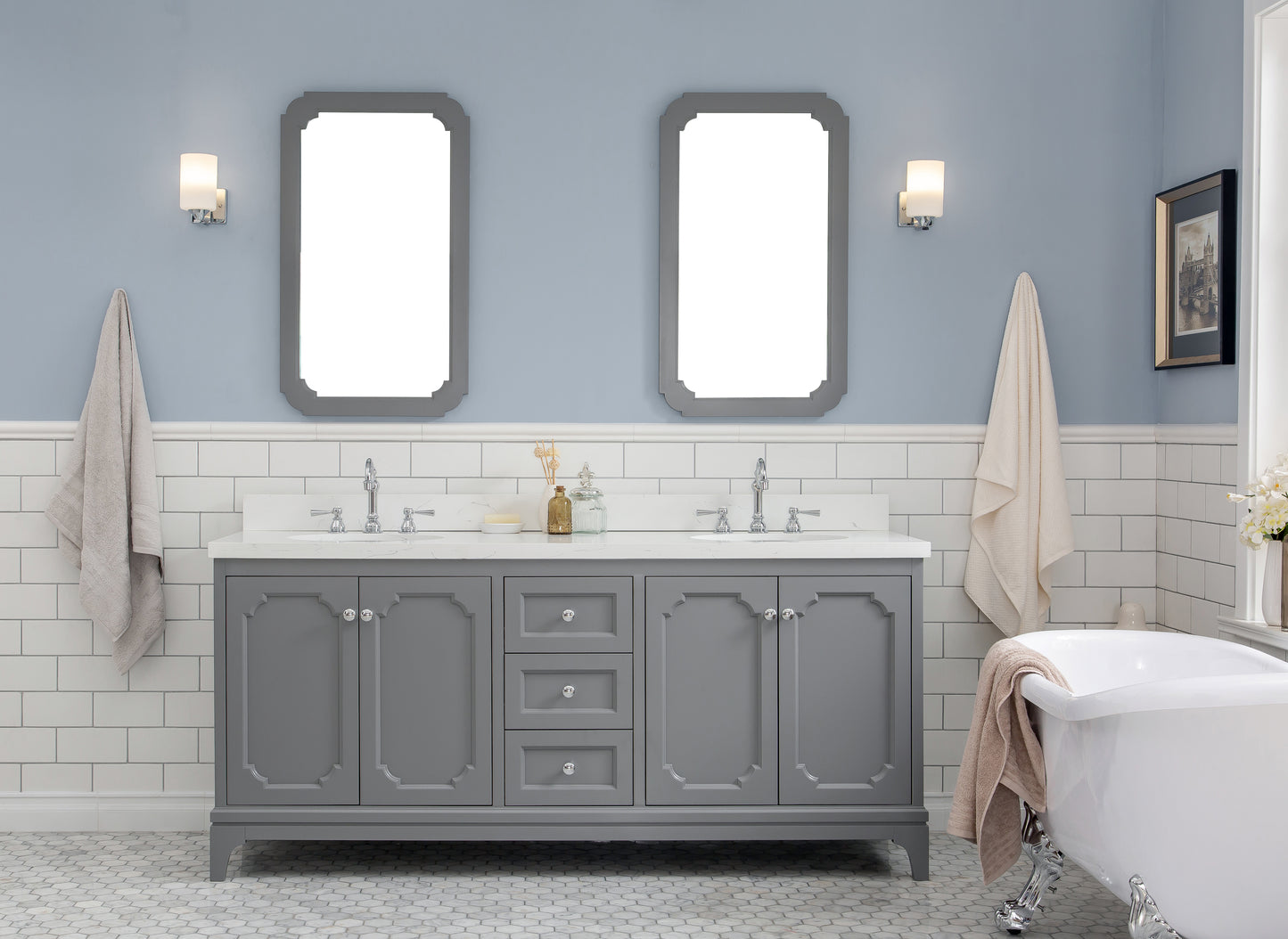 Water Creation Queen 72" Inch Double Sink Quartz Carrara Vanity with Matching Mirror and Lavatory Faucets - Luxe Bathroom Vanities