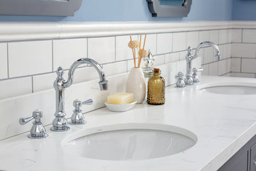 Water Creation Queen 72" Inch Double Sink Quartz Carrara Vanity with Matching Mirror and Lavatory Faucets - Luxe Bathroom Vanities