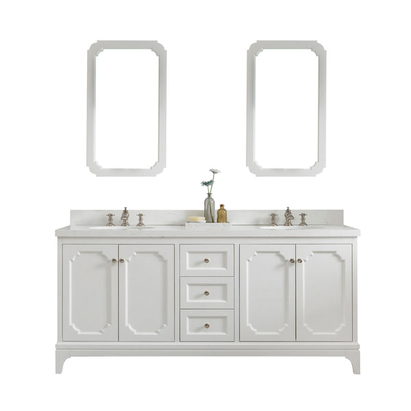 Water Creation Queen 72" Inch Double Sink Quartz Carrara Vanity with Matching Mirror and Lavatory Faucets - Luxe Bathroom Vanities