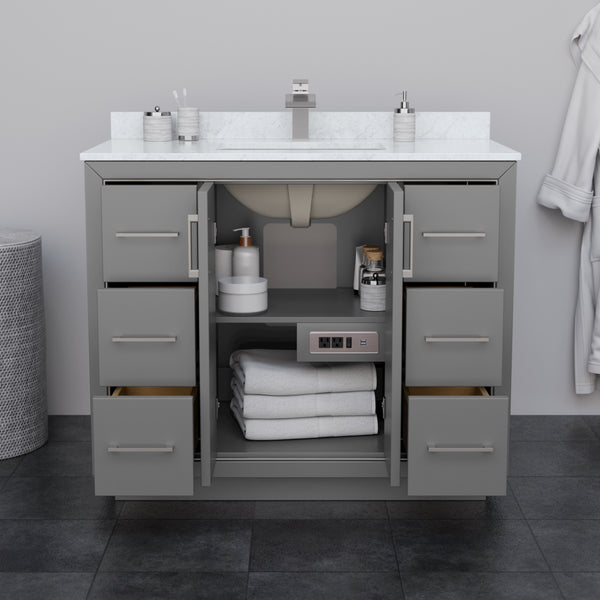 Wyndham Icon 42 Inch Single Bathroom Vanity White Carrara Marble Countertop with Undermount Square Sink in Brushed Nickel Trim - Luxe Bathroom Vanities