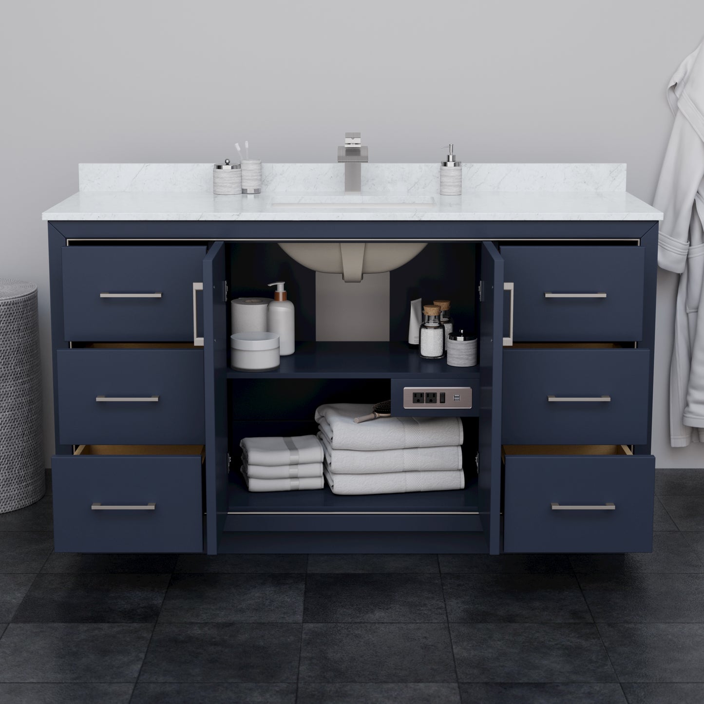 Wyndham Icon 60 Inch Single Bathroom Vanity Carrara Cultured Marble Countertop with Undermount Square Sink and Brushed Nickel Trim - Luxe Bathroom Vanities