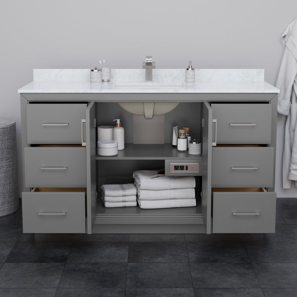 Wyndham Icon 60 Inch Single Bathroom Vanity White Cultured Marble Countertop with Undermount Square Sink, Matte Black Trim and 58 Inch Mirror - Luxe Bathroom Vanities