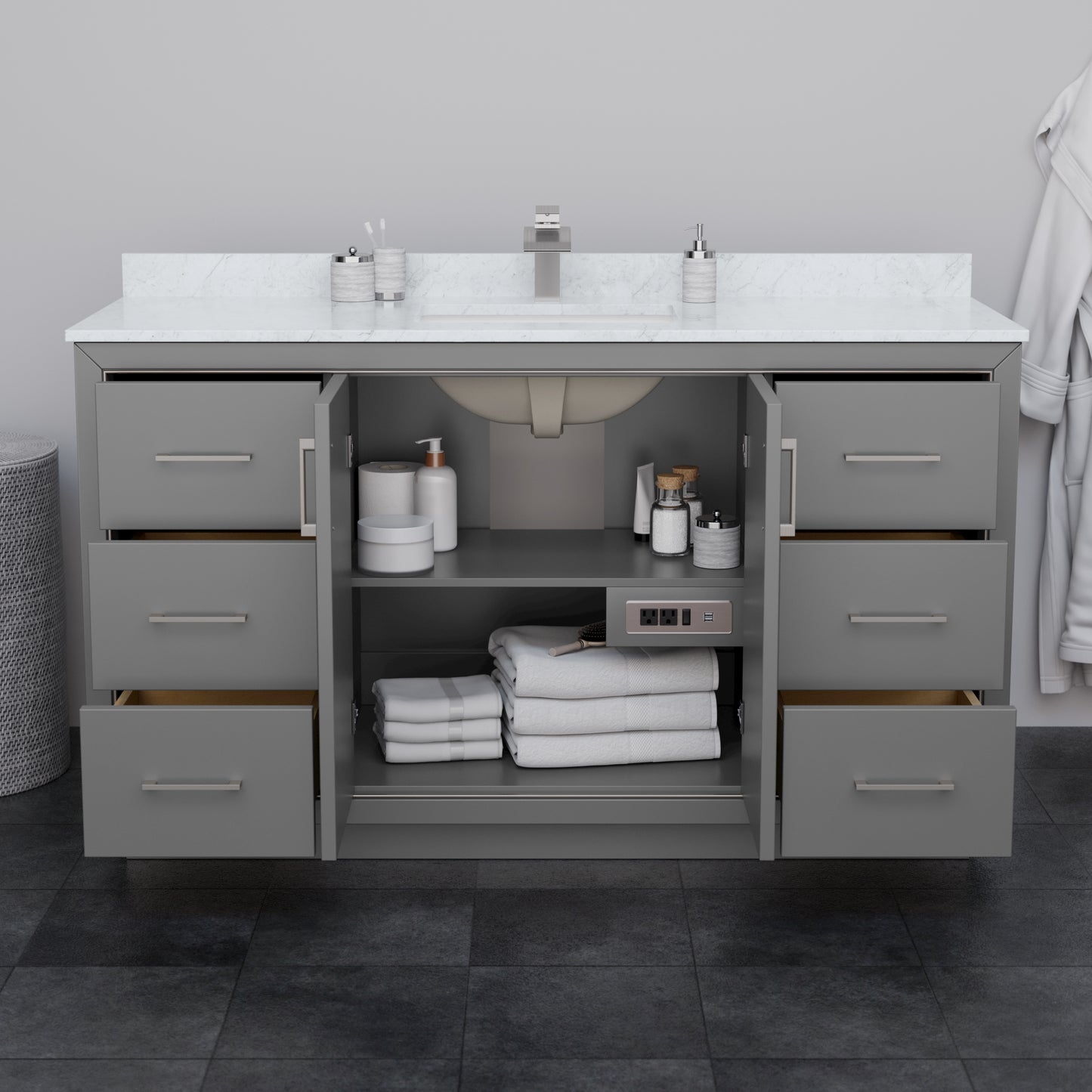 Wyndham Icon 60 Inch Single Bathroom Vanity Carrara Cultured Marble Countertop with Undermount Square Sink and Brushed Nickel Trim - Luxe Bathroom Vanities