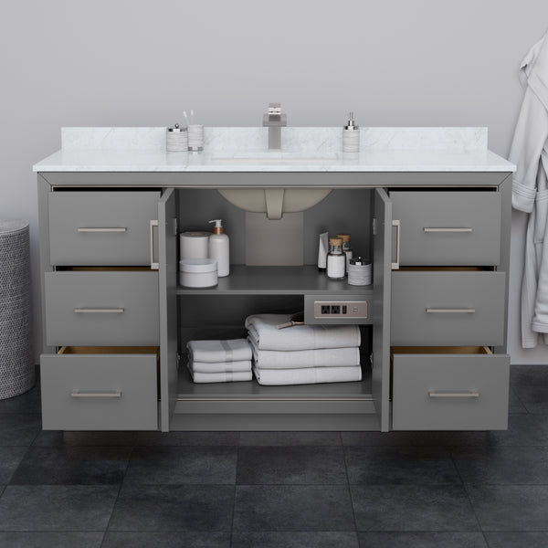 Wyndham Icon 60 Inch Single Bathroom Vanity White Cultured Marble Countertop with Undermount Square Sink, Brushed Nickel Trim and 58 Inch Mirror - Luxe Bathroom Vanities